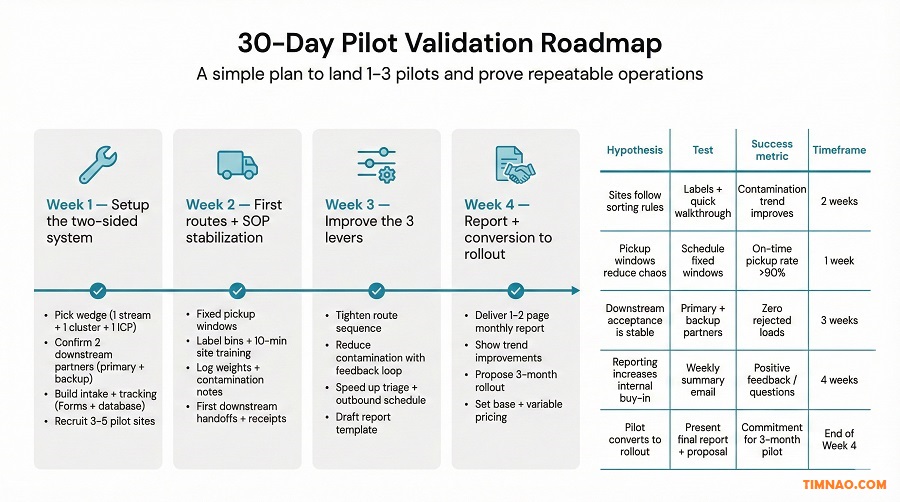 Infographic 30-Day Pilot Validation Roadmap (Timeline + Test Table)
