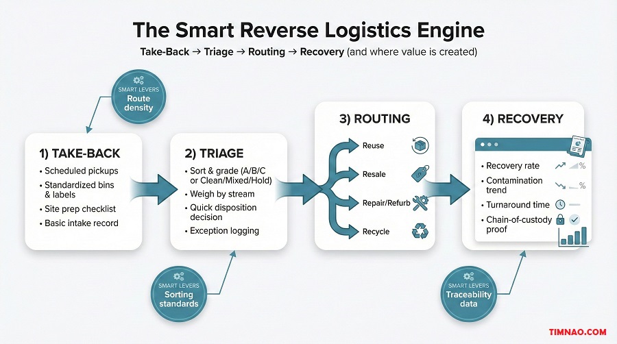 Infographic The Smart Reverse Logistics Engine (Take-Back → Triage → Routing → Recovery)